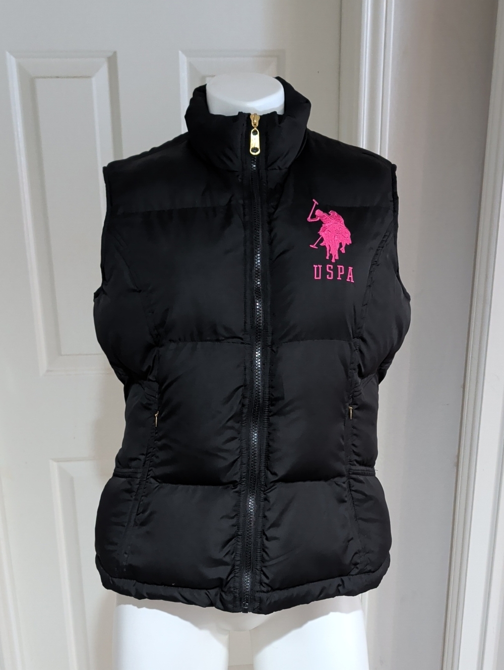 U.S. Polo Assn. Black Puffer Vest with Pink Logo Women's XL